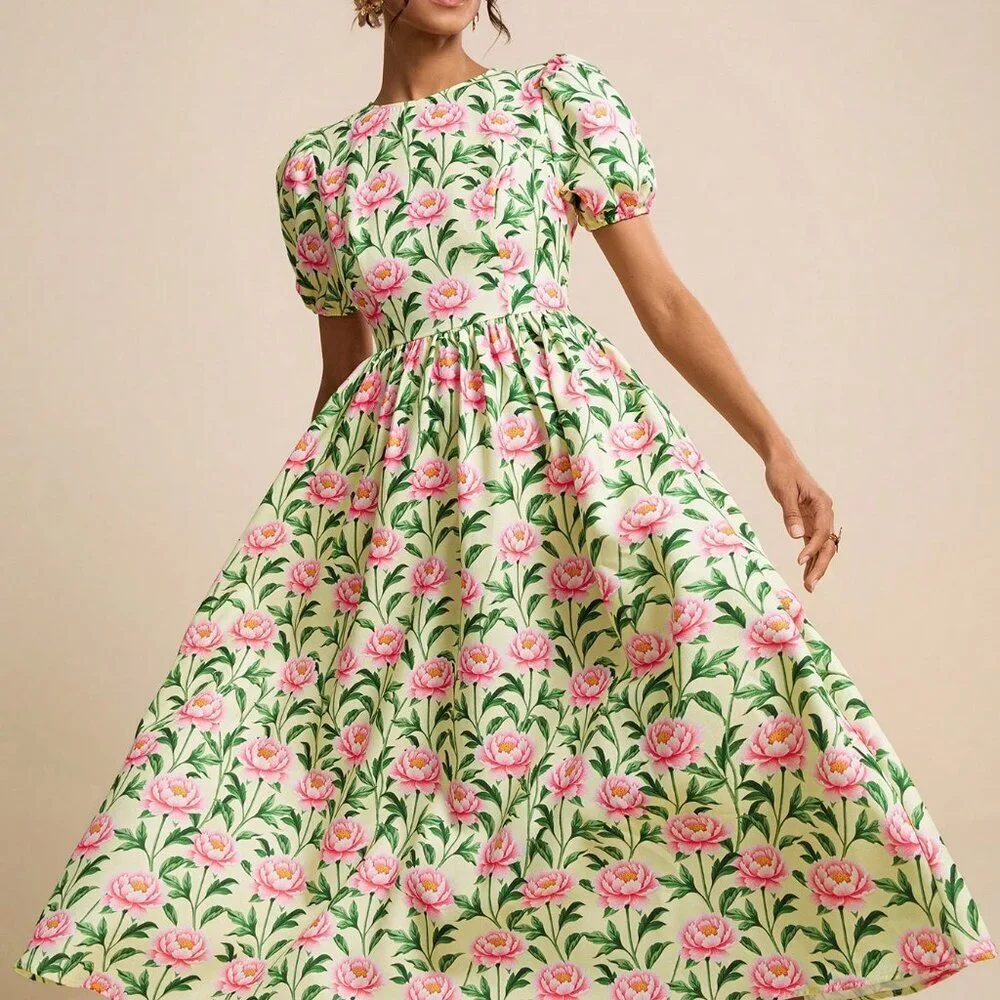 Yellow Boho Women's Floral Print Round-Neck Puff Sleeve A-Line Midi Dress_2